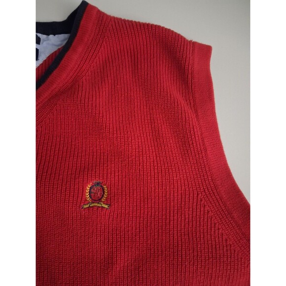 Vtg Tommy Hilfiger Sweater Vest Mens XL Red Crest Logo 100% Cotton V-Neck Preppy - Picture 2 of 7